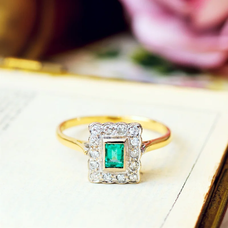 Dainty gold rings-Vintage Art Deco Styled Emerald & Diamond Engagement Ring