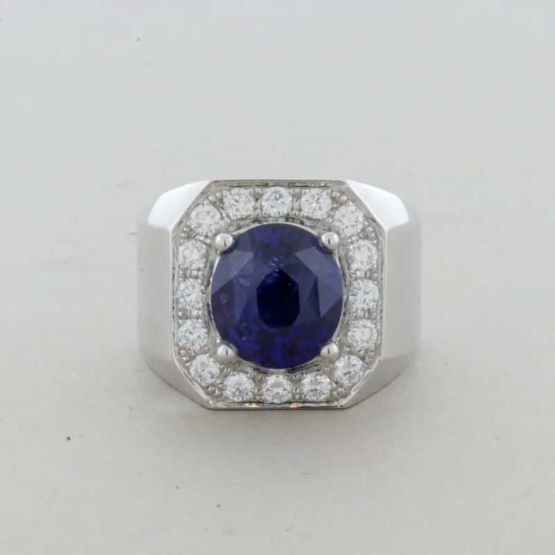 Thin frame rings-5.80 Carat Royal Blue Sapphire Diamond Gold Ring, Unisex (Certified)