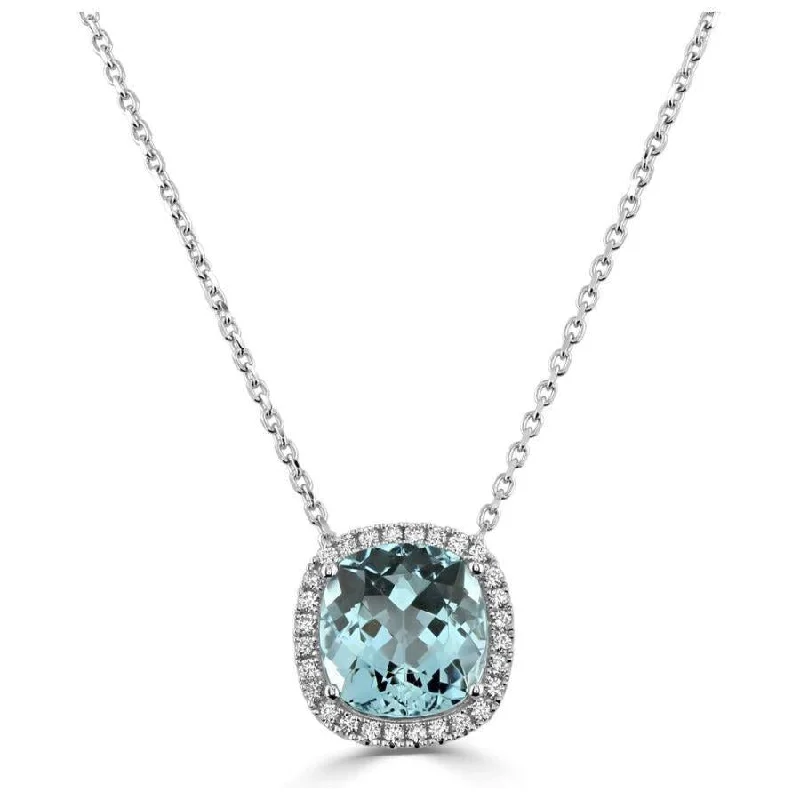 Citrine gem engagement rings-18ct White Gold Cushion Cut Aquamarine & Diamond Halo Cluster Pendant