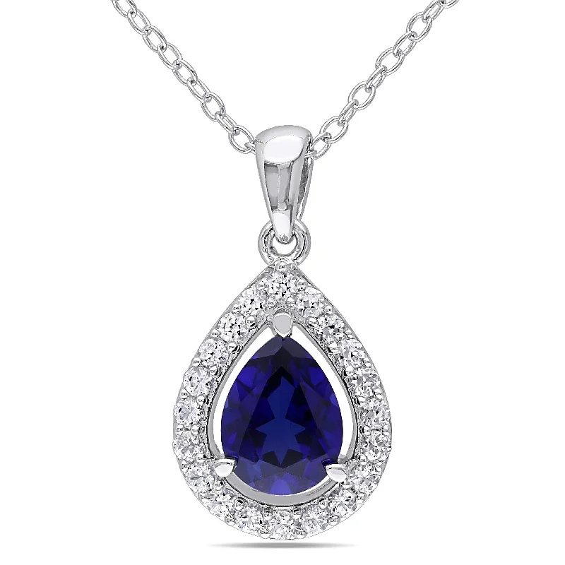 Miadora Sterling Silver 2 1/5ct TGW Created Blue and White Sapphire Halo Teardrop Necklace - 21 mm x 18 in x 11 mm