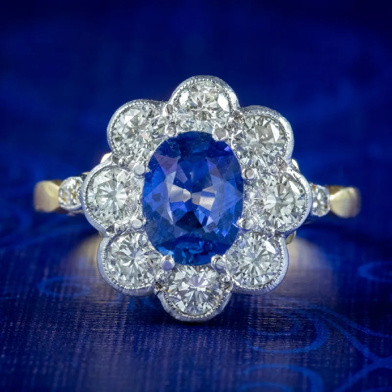 Full moon rings-Edwardian Style Sapphire Diamond Daisy Cluster Ring 1.2ct Sapphire