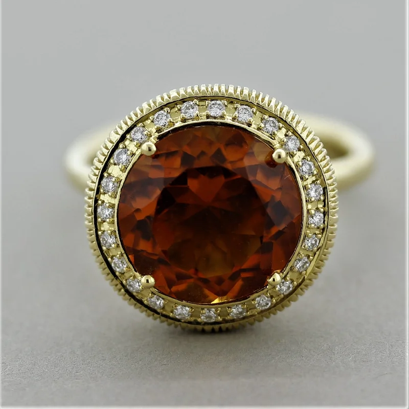 Stellar stone rings-Citrine Diamond Halo Gold Textured Ring