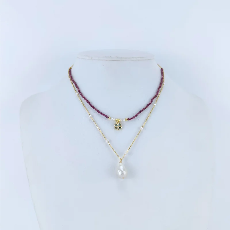 18K Gold over Sterling Silver Garnet and Freshwater Pearl Clover Necklace