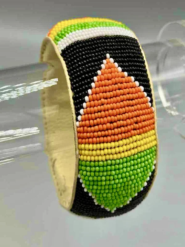 Moon motif bangles-Traditional Design Wide Beaded Leather Bracelet - Mali