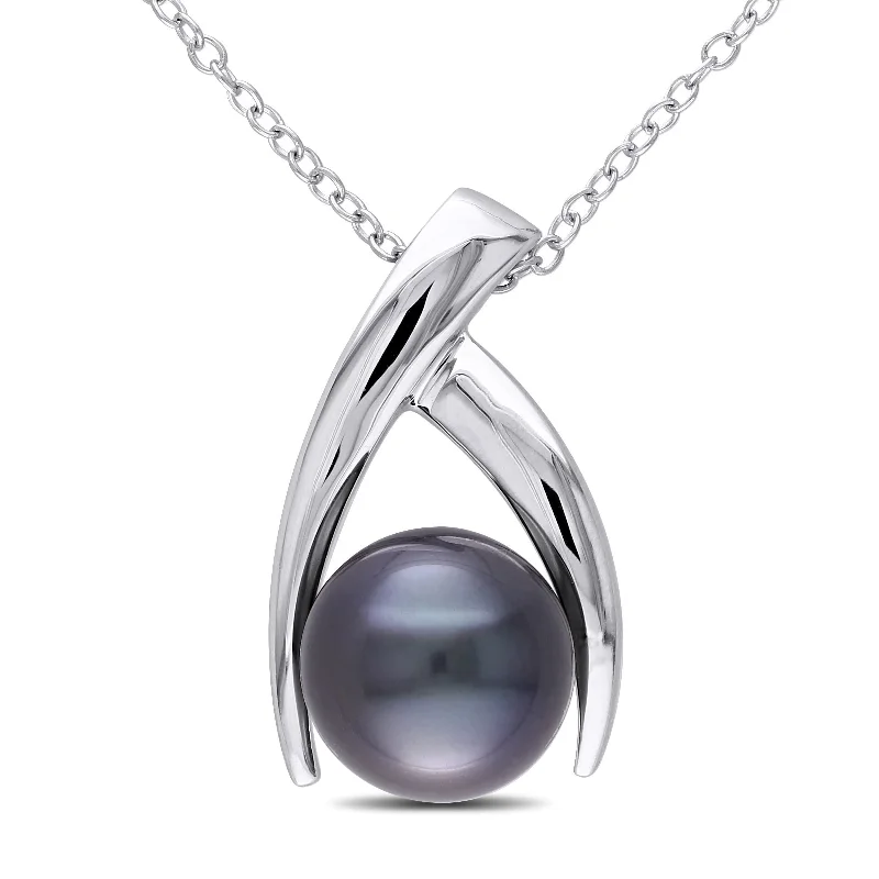 Miadora Sterling Silver Tahitian Black Pearl Necklace (9.5-10 mm)