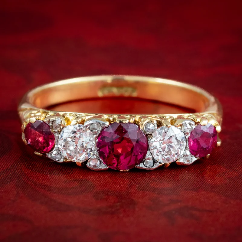 Polished silver rings-Antique Victorian Ruby Diamond Five Stone Ring 0.90ct Ruby