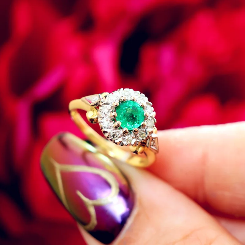 Chunky gem rings-Vintage Date 1969 Emerald & Diamond Floral Engagement Ring