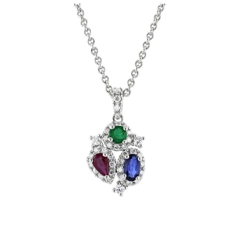 Open shank engagement rings-18ct White Gold Sapphire, Ruby, Emerald & Diamond Pendant