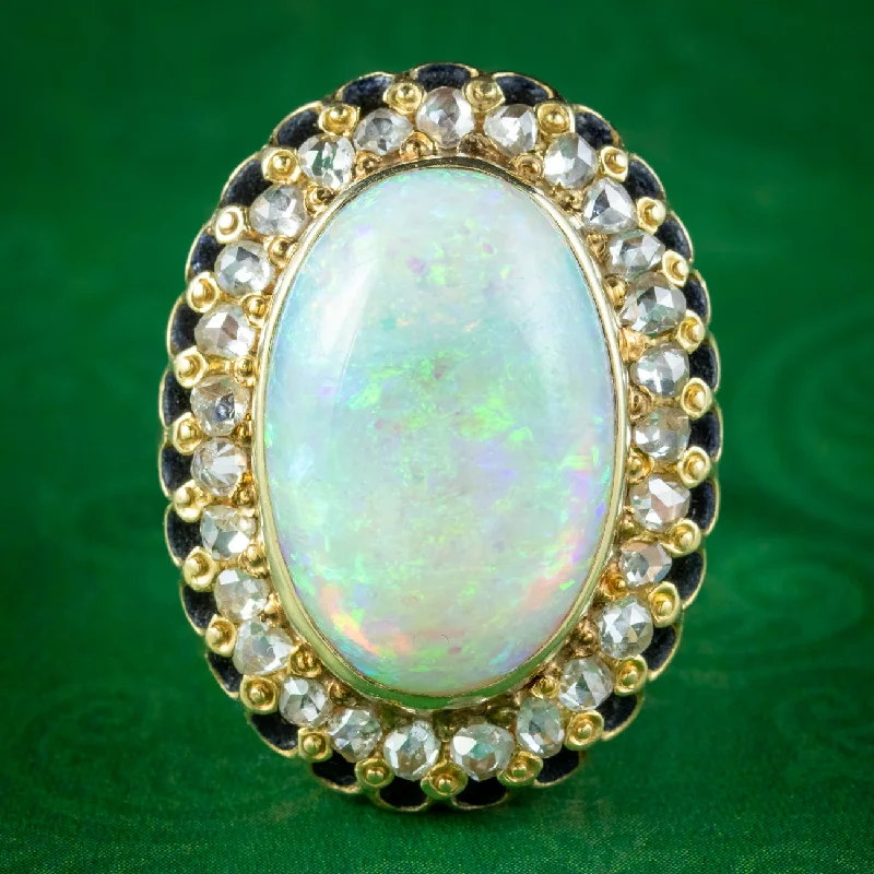 Pure eternity rings-Vintage Opal Diamond Cocktail Ring 14ct Natural Opal