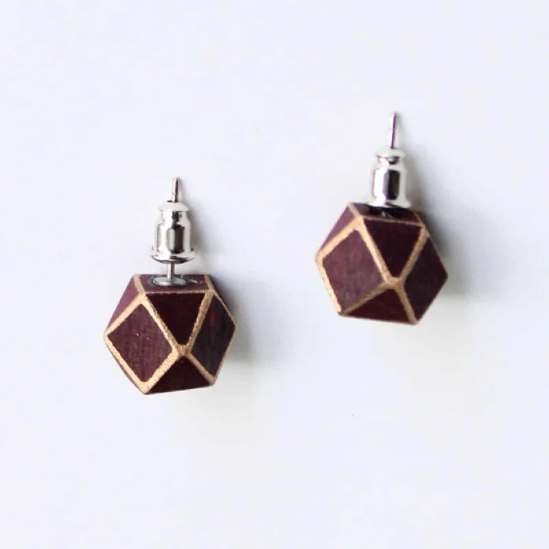 Flat gem earrings-Handcrafted Burgundy Geometric Wooden Post Earrings