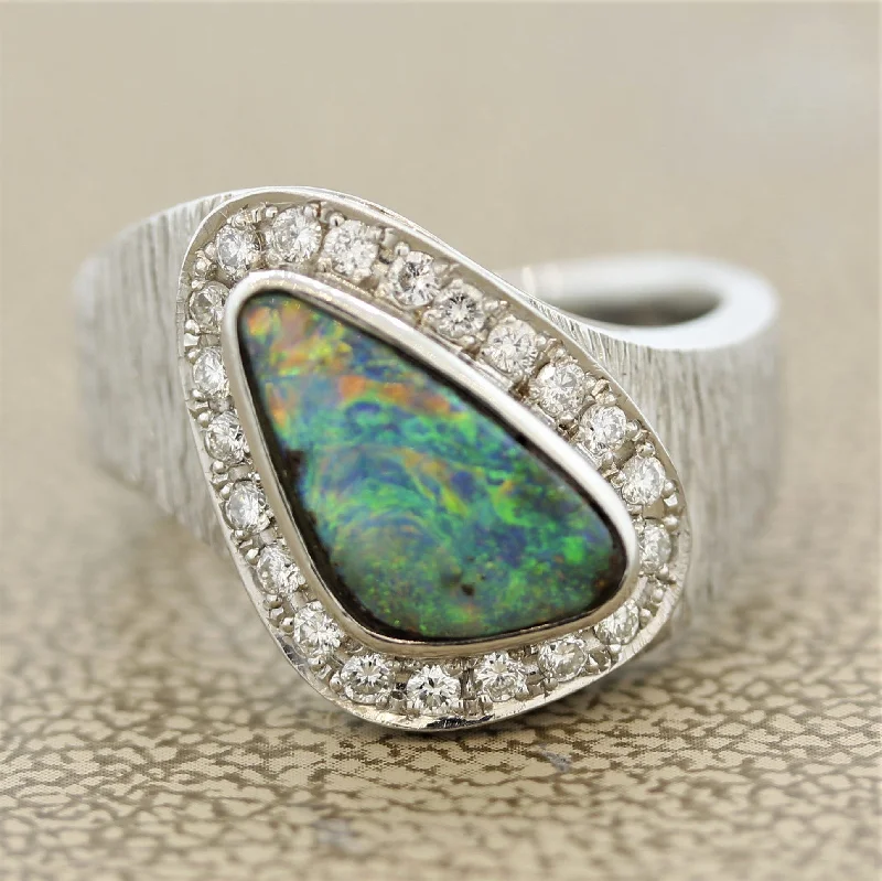 Pink gold rings-Australian Boulder Opal Diamond Platinum Ring