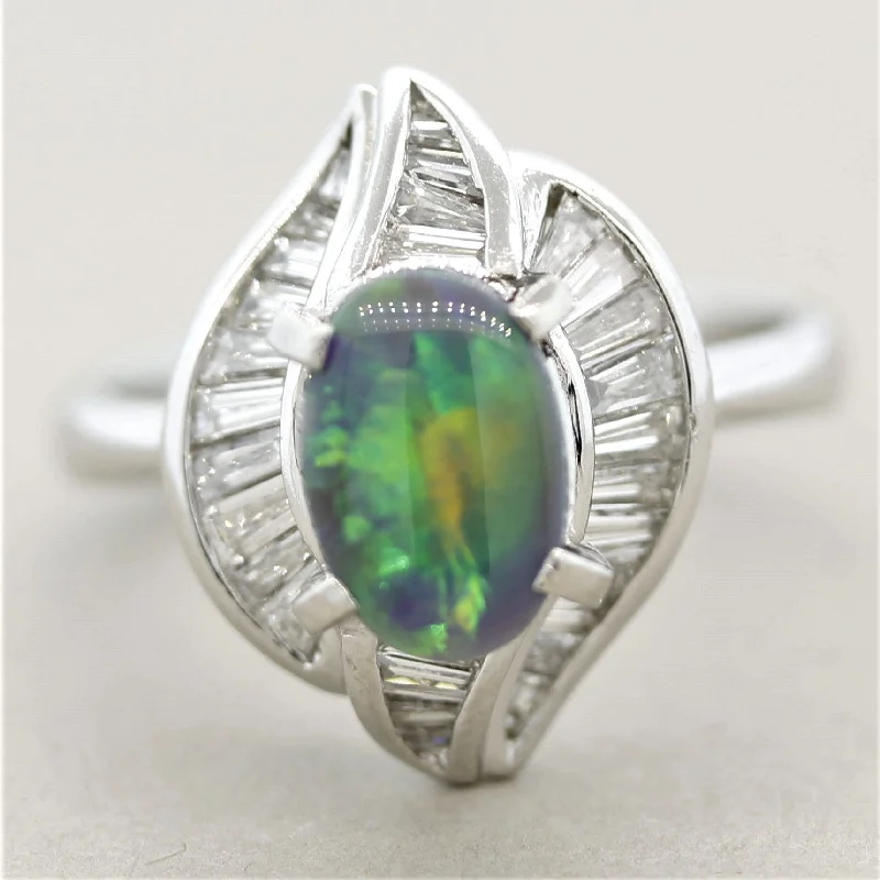 Topaz rings-Modern Australian Opal Diamond Platinum Ring