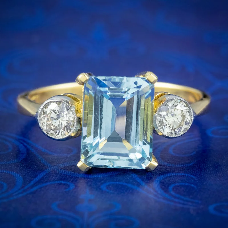 Bow motif rings-Art Deco Style Aquamarine Diamond Trilogy Ring 2.85ct Aqua