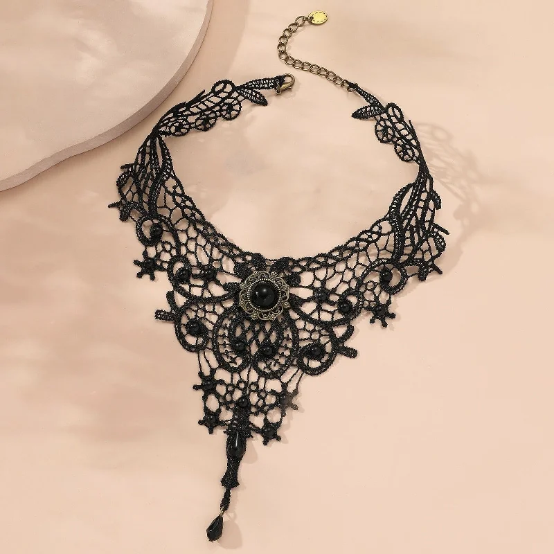 Pendant Necklace Adjustable Chain Delicate All Match Retro Daily Wear Lace Crochet Dark Style Choker Necklace Jewelry - no