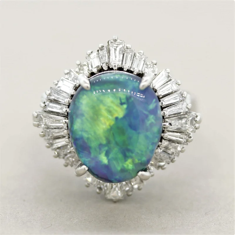 Chunky stone rings-Australian Black Opal Diamond Platinum Cocktail Ring