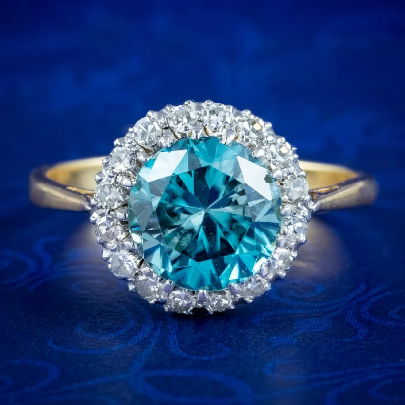 Peace design rings-Antique Edwardian Blue Zircon Diamond Cluster Ring 3.2ct Zircon