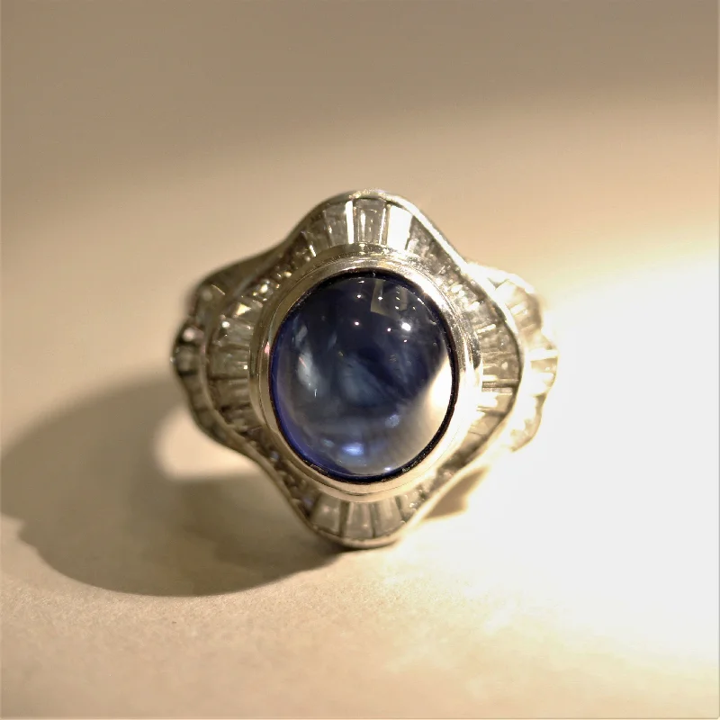 Small wing rings-Cabochon Sapphire Diamond Platinum Ring