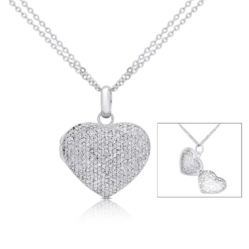 Finesque Silver Overlay 1ct TDW Pave Diamond Heart Locket Necklace