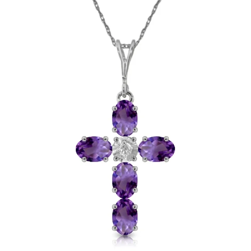 1.75 Carat 14K White Gold Cross Necklace Natural Diamond Purple Amethyst