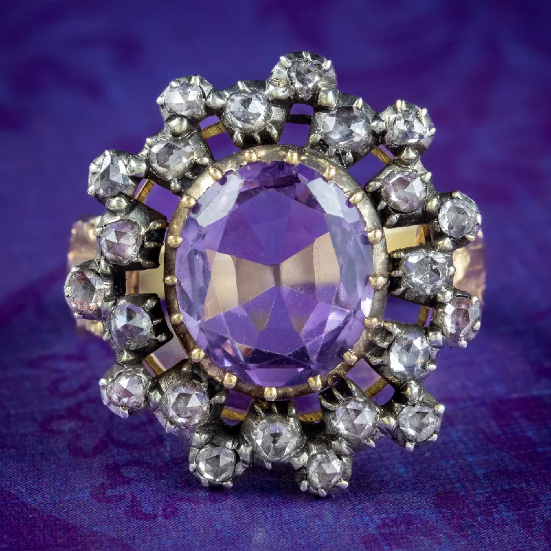 Glittering crystal rings-Antique Georgian Amethyst Diamond Cluster Ring 4.5ct Amethyst