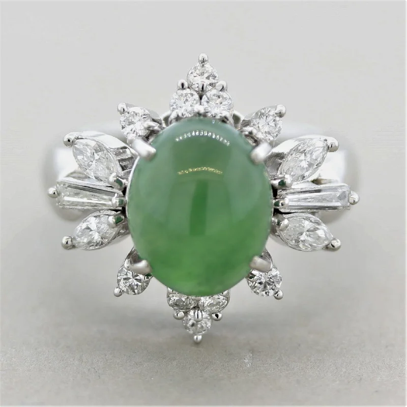 Multi-stone rings-Natural Jadeite Jade Diamond Platinum Floral Ring, GIA Certified