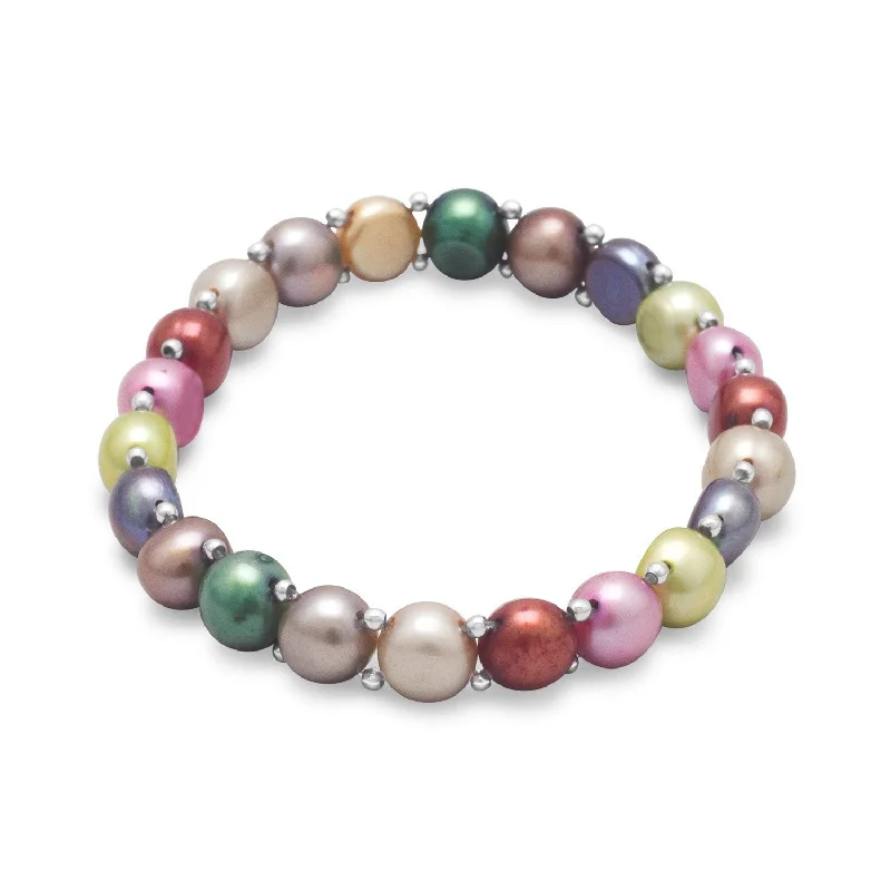 Textured letter bangles-Multi-Color Cultured Freshwater Pearl and Sterling Silver Bead Stretch Bracelet