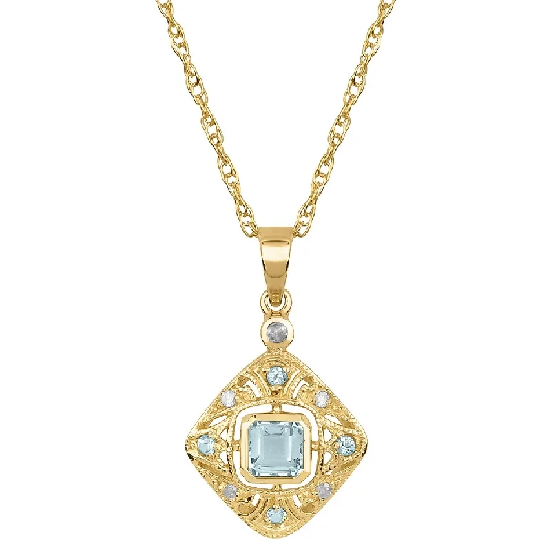 Viducci 10k Yellow Gold Vintage Style Genuine Blue Topaz and Diamond Necklace