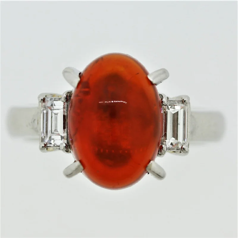 Chunky gem rings-Mexican Fire Opal Diamond Platinum 3-Stone Ring