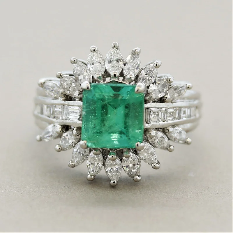 Bamboo style rings-Emerald Diamond Platinum “Sunburst” Ring