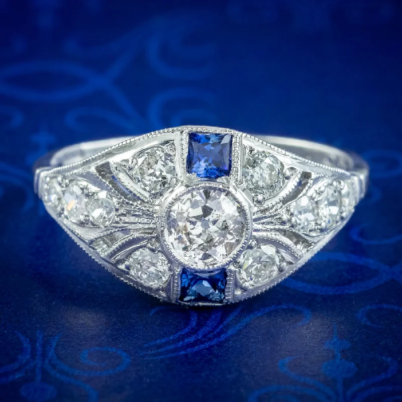 Tiny wing rings-Art Deco Style Sapphire Diamond Cluster Ring 1.05ct Of Diamond