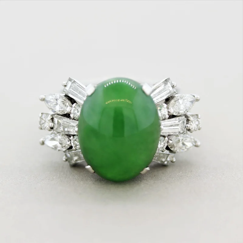 Topaz stone rings-Jadeite Jade Diamond Spray Platinum Cocktail Ring, GIA Certified