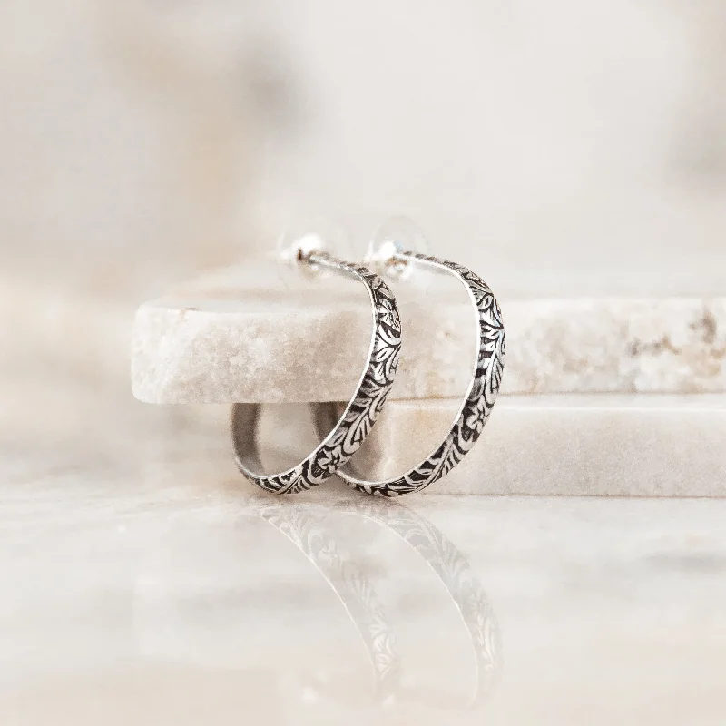 Flat knot earrings-Carly Embossed Silver Hoop Earrings