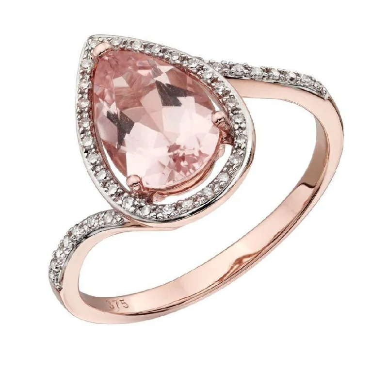 Cord edge engagement rings-9ct Rose Gold Pear Cut Morganite & Diamond Halo Cluster Ring with Diamond Shoulders