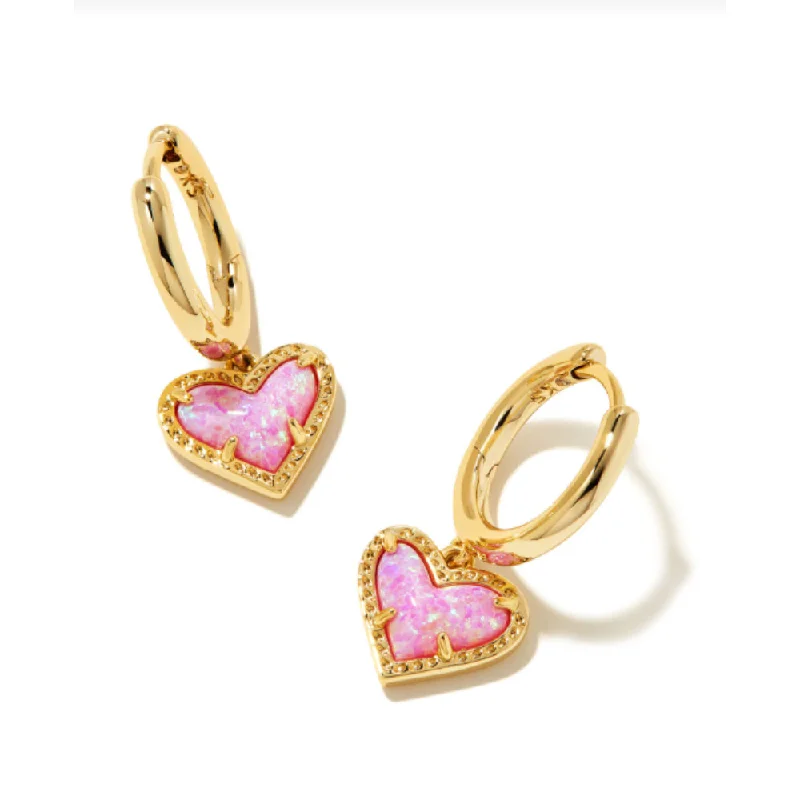 Surf design earrings-Kendra Scott Ari Heart Huggie Earring Gold-Bubble Gum Pink Opal