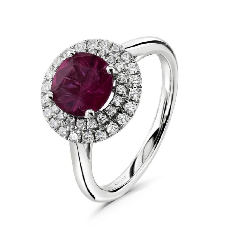 Ruby halo engagement rings-18ct White Gold Round Cut Rubellite & 2-Row Diamond Halo Cluster Ring