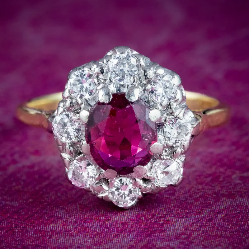 Dainty silver rings-Antique Edwardian Ruby Diamond Cluster Ring 0.80ct Ruby