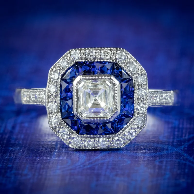 Bead trim rings-Art Deco Style Sapphire Diamond Cluster Ring 18ct Gold 0.70ct Of Diamond