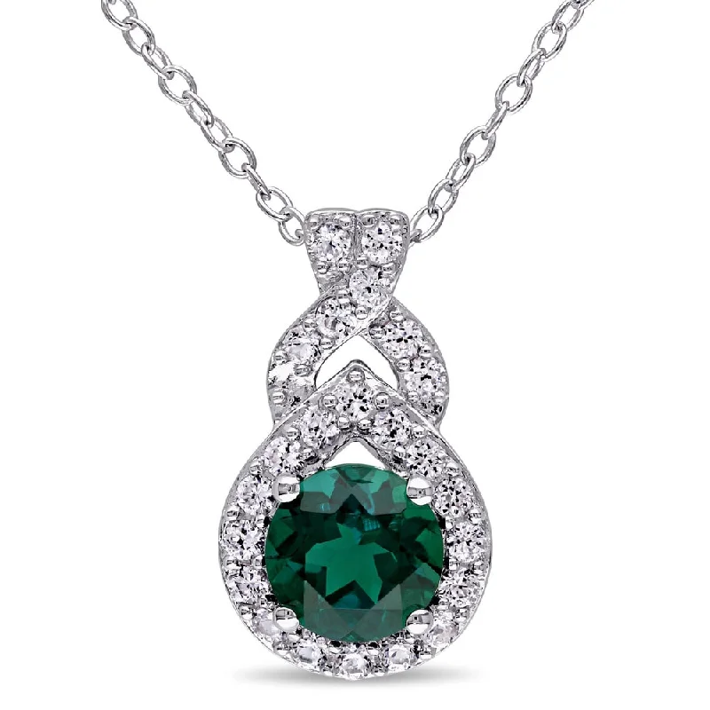 Miadora Sterling Silver Created Emerald and White Sapphire Drop Necklace