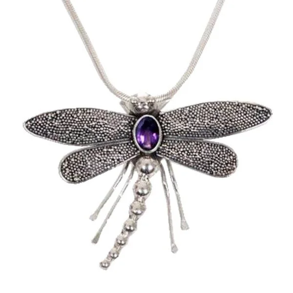 Handmade Sterling Silver 'Enchanted Dragonfly' Amethyst Necklace (Indonesia) - Purple