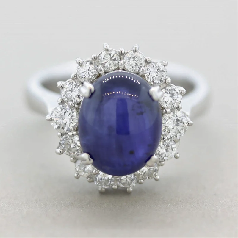 Polished bead rings-Cabochon Sapphire Diamond Halo Platinum Ring