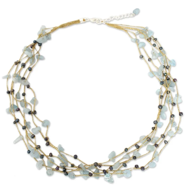 Handmade Silk Afternoon Sigh Aquamarine and Pearl Necklace 3 mm (Thailand)