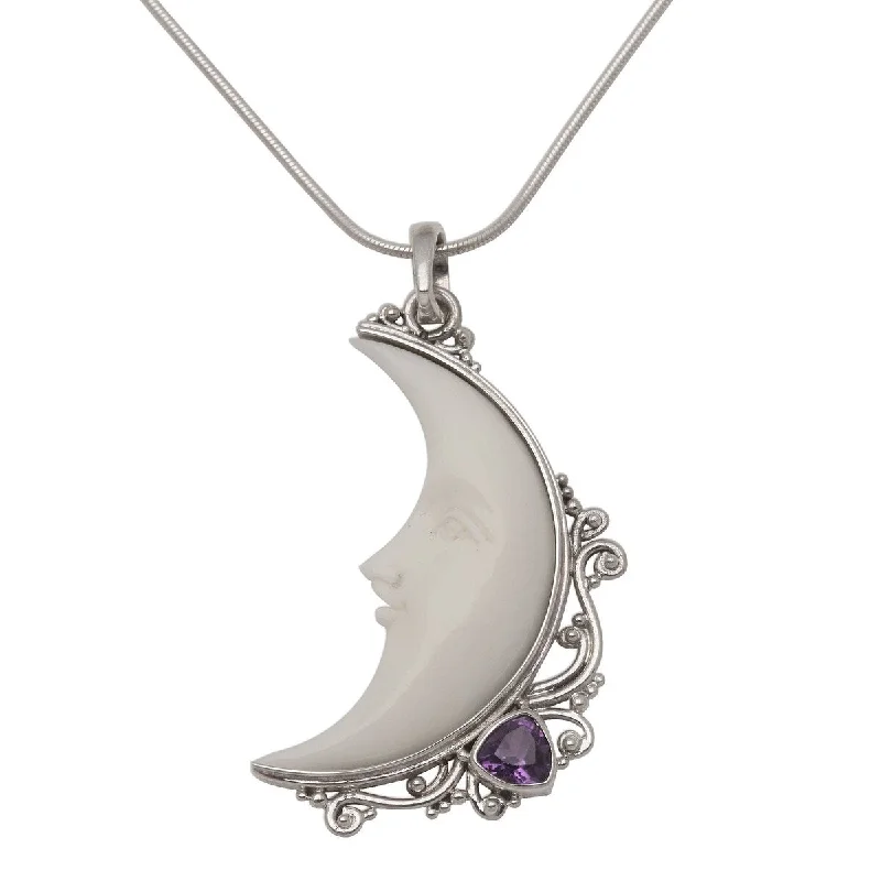 NOVICA Resting Moon, Amethyst and bone pendant necklace