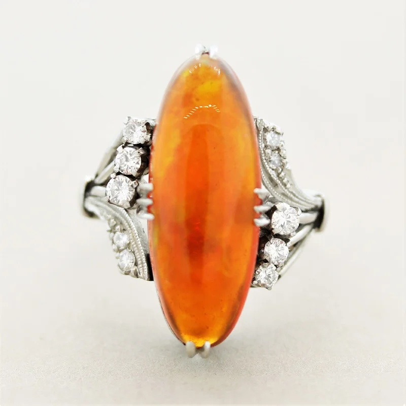 Quirky design rings-Superb Mexican Fire Opal Diamond Platinum Ring