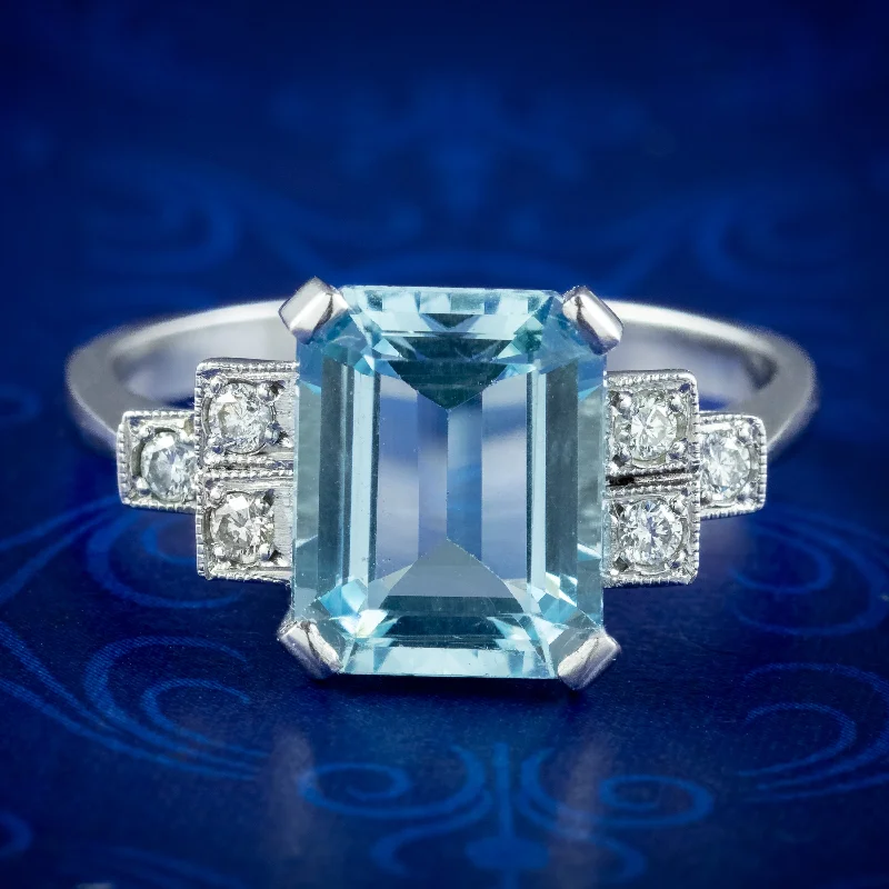 Smooth gem rings-Art Deco Style Aquamarine Diamond Ring 3.5ct Aqua