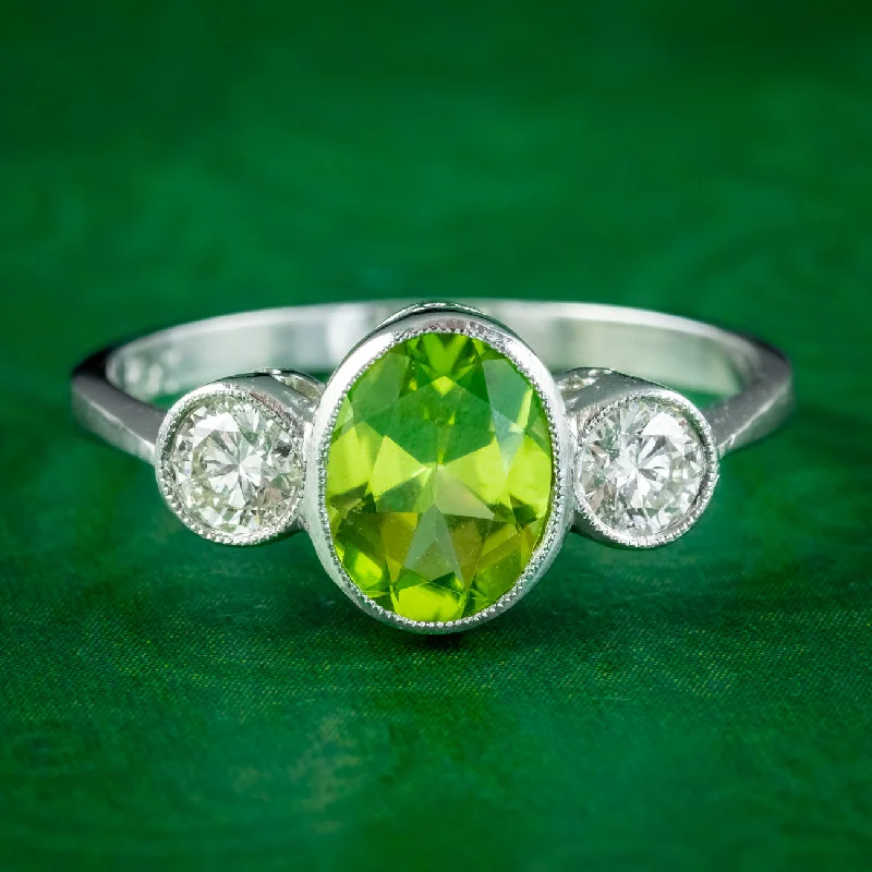 Shiny name rings-Edwardian Style Peridot Diamond Trilogy Ring 1.6ct Peridot