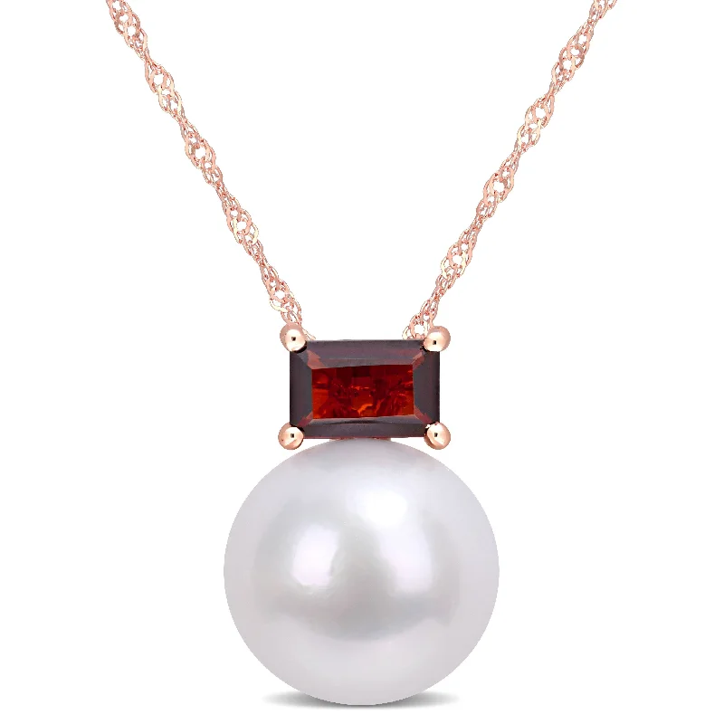 Miadora 10k Rose Gold Freshwater Cultured Pearl & Garnet Solitaire Drop Necklace (11-12mm)