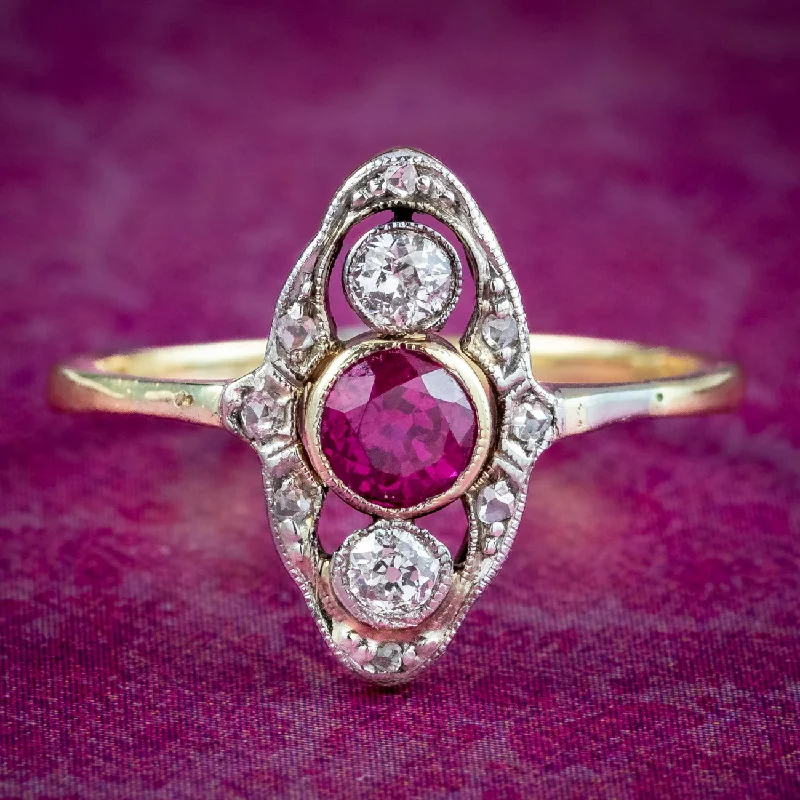 Chunky gem rings-Art Deco Ruby Diamond Cluster Ring 0.24ct Ruby