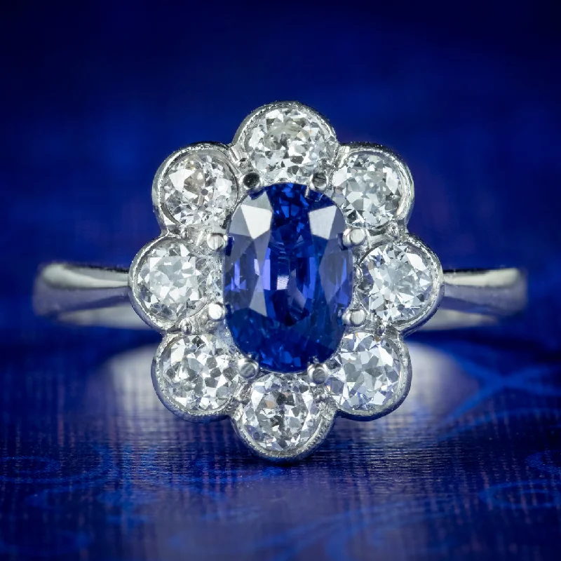 Victorian charm rings-Edwardian Style Sapphire Diamond Cluster Ring 1.65ct Sapphire