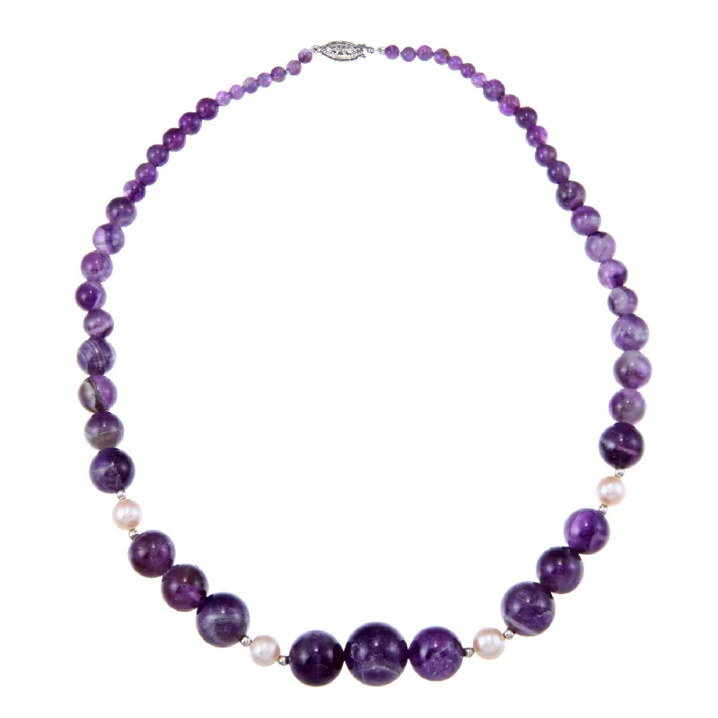 Sterling Silver White Freshwater Pearls Purple Amethyst Graduated Necklace (8-9 mm)