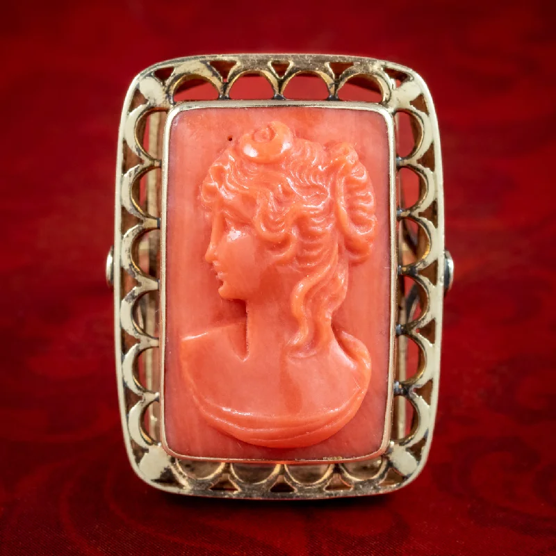 Hand-polished rings-Vintage Carved Coral Cameo Ring